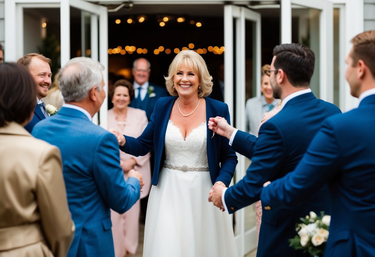 The mother of the bride warmly welcomes arriving guests at the entrance of the venue, offering smiles and handshakes