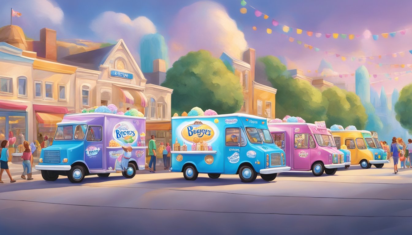 Two ice cream trucks parked side by side, each adorned with colorful logos and banners promoting Breyers and Blue Bunny. A crowd of people lines up at each truck, eagerly awaiting their favorite frozen treat