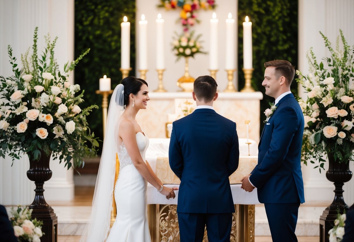 A bride and groom stand at an altar, with the bride positioned on the left side, surrounded by floral arrangements and ceremonial decor