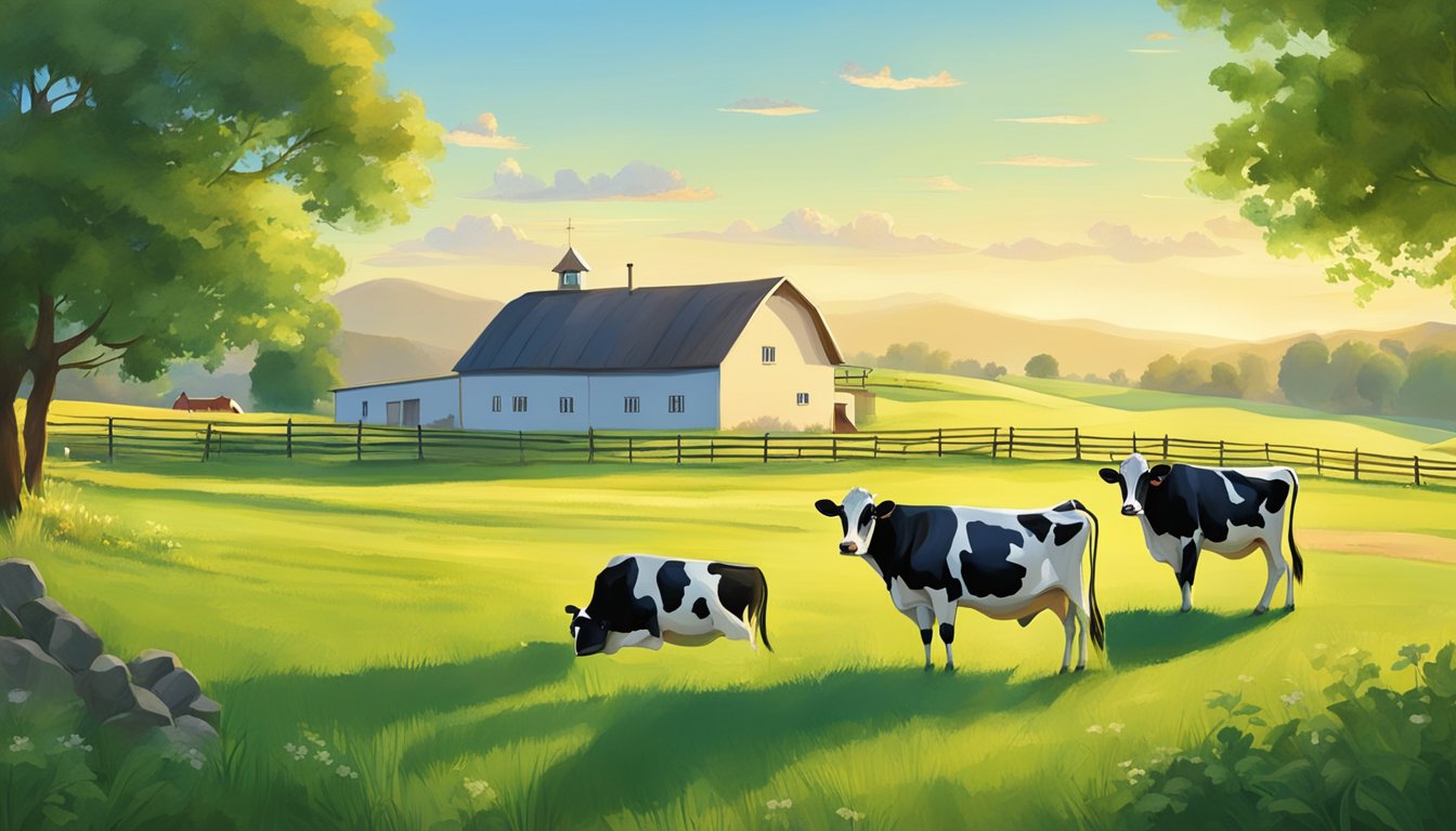 A serene countryside with lush green fields, a clear blue sky, and a small family-owned dairy farm with happy cows grazing in open pastures