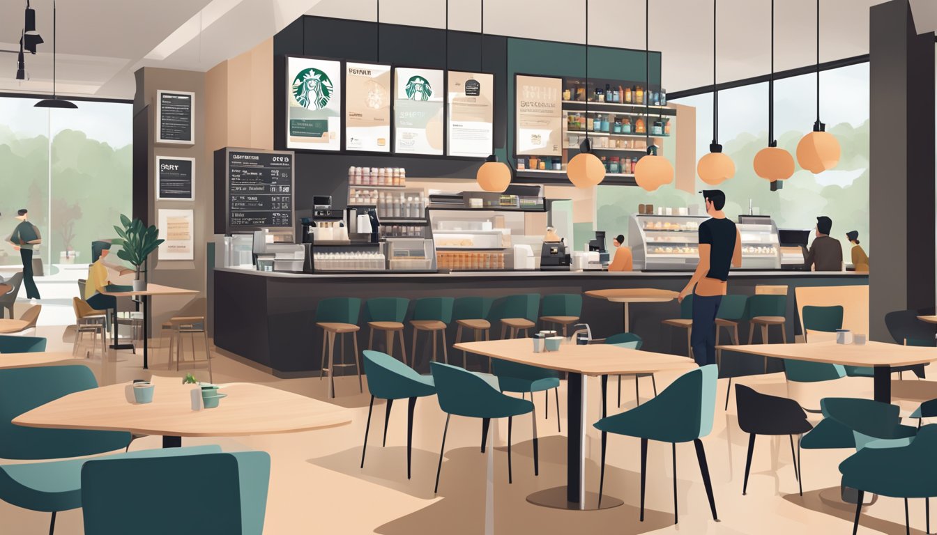 A bustling coffee shop with a modern, minimalist interior. The counter displays the logos of Starbucks and Dunkin, while customers enjoy their drinks at sleek tables