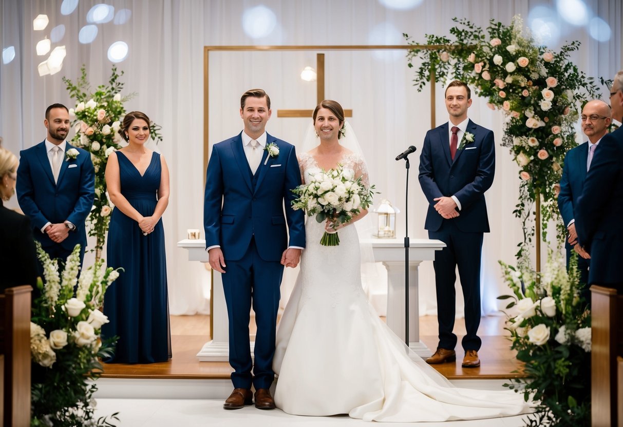 A bride and groom stand at the altar, with the bride positioned to the left of the groom. The scene is filled with modern wedding decorations and floral arrangements