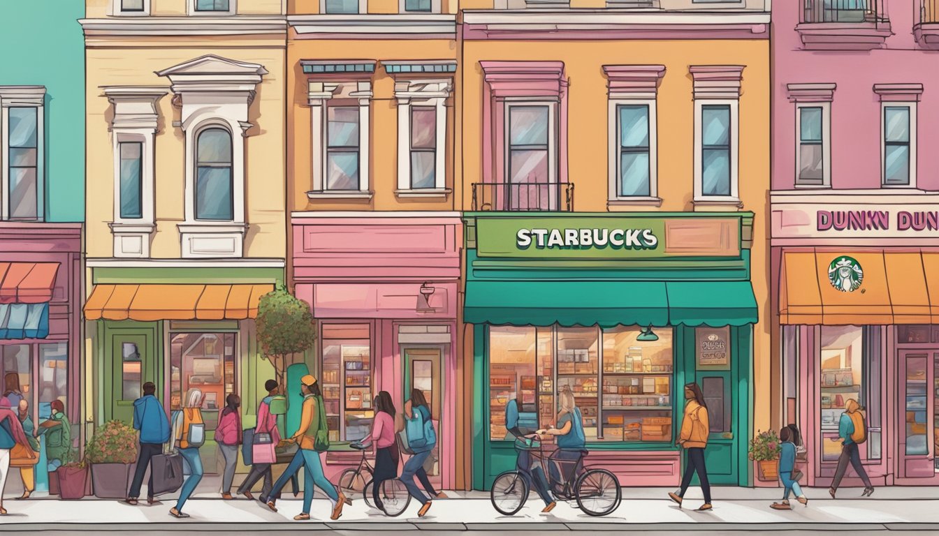 A bustling city street with a Starbucks and Dunkin' Donuts side by side, their vibrant logos and storefronts drawing in customers