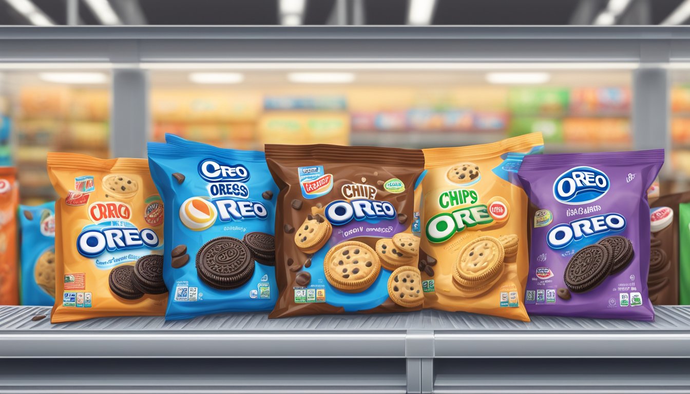 A colorful display of Oreo and Chips Ahoy cookies on a grocery store shelf