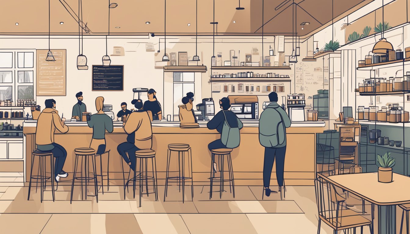 A bustling coffee shop with a modern, minimalist aesthetic, filled with people chatting and enjoying their drinks. The aroma of freshly brewed coffee fills the air