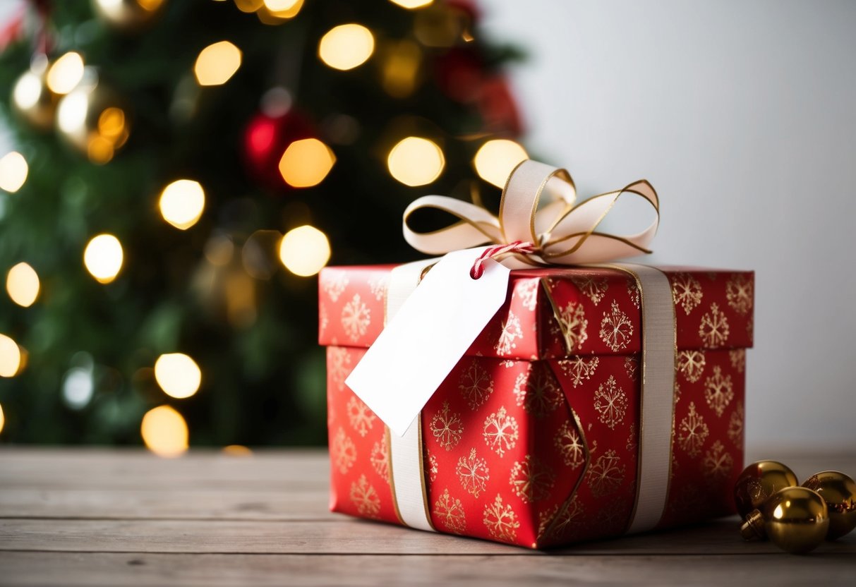 A beautifully wrapped gift box with a ribbon and a tag