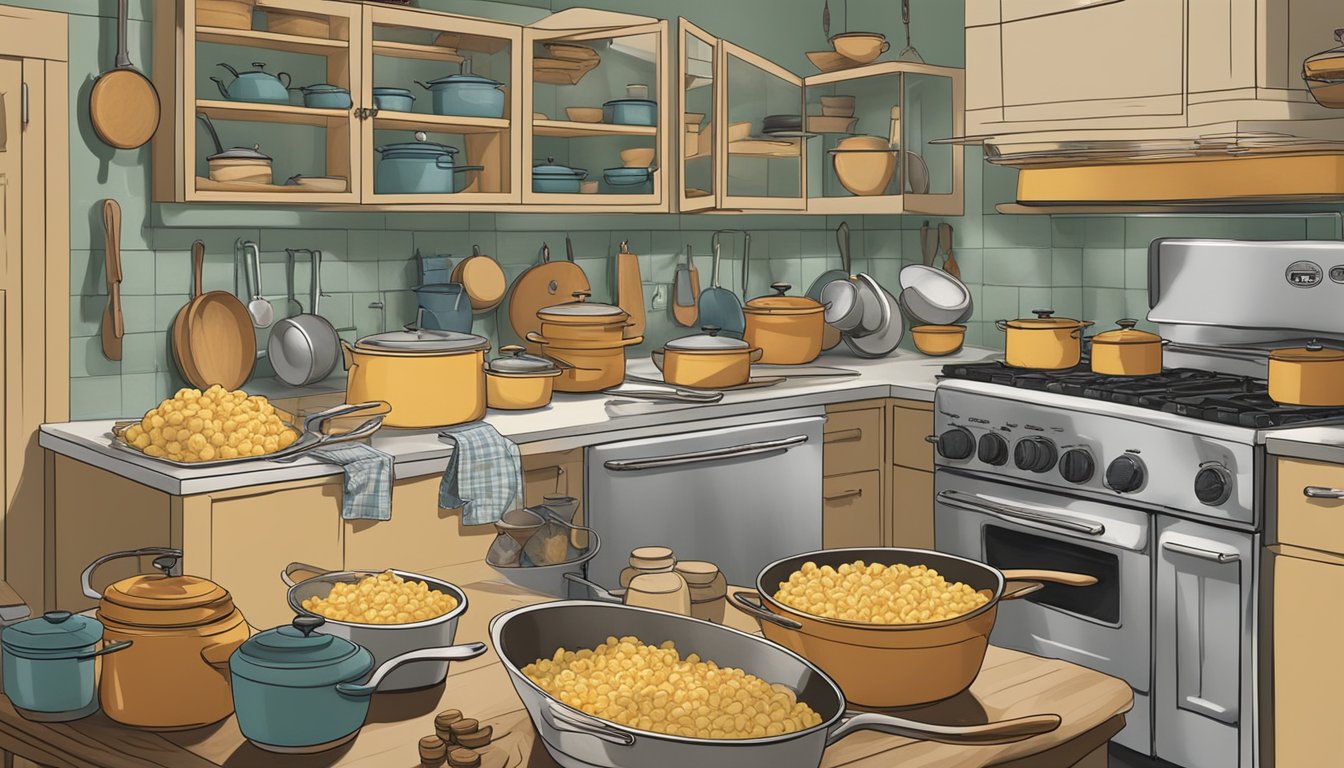 A bustling kitchen with two pots on the stove, one labeled "Kraft Mac & Cheese" and the other "Annie's," surrounded by vintage cookware and ingredients