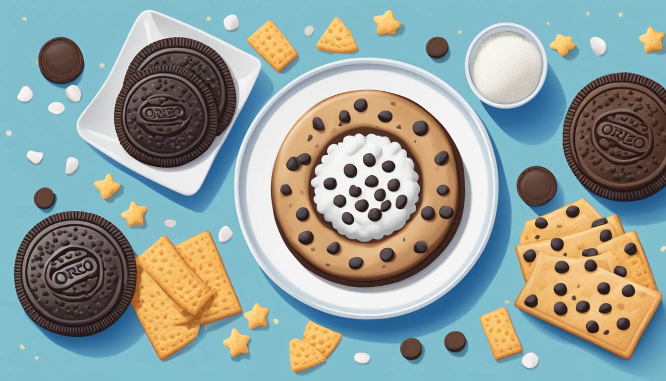 A plate with an Oreo cookie and a Chips Ahoy cookie, surrounded by a variety of ingredients such as sugar, flour, and chocolate chips