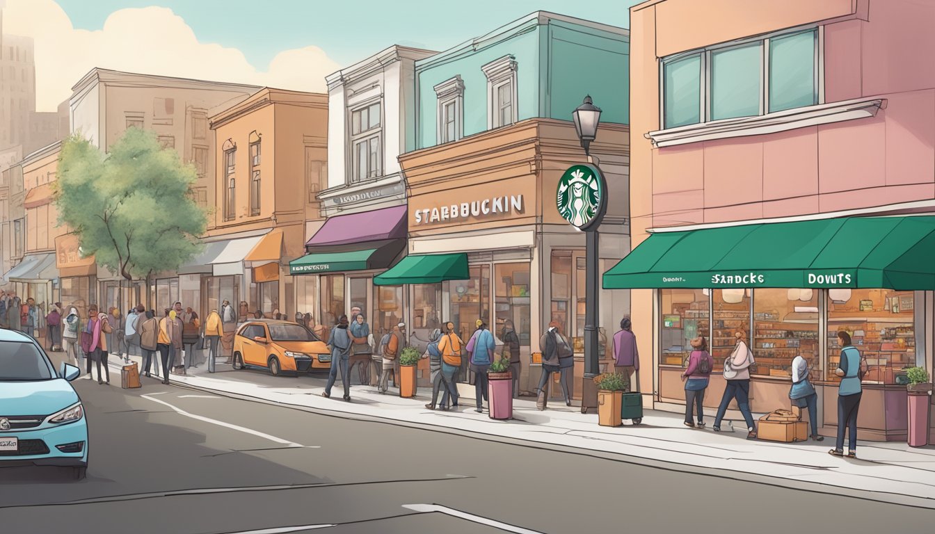 A bustling urban street with a Starbucks and Dunkin' Donuts side by side, each with a line of customers and prominent branding