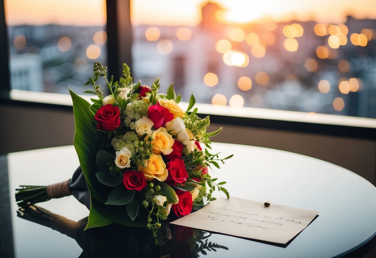 A bouquet of flowers and a handwritten note sit on a table