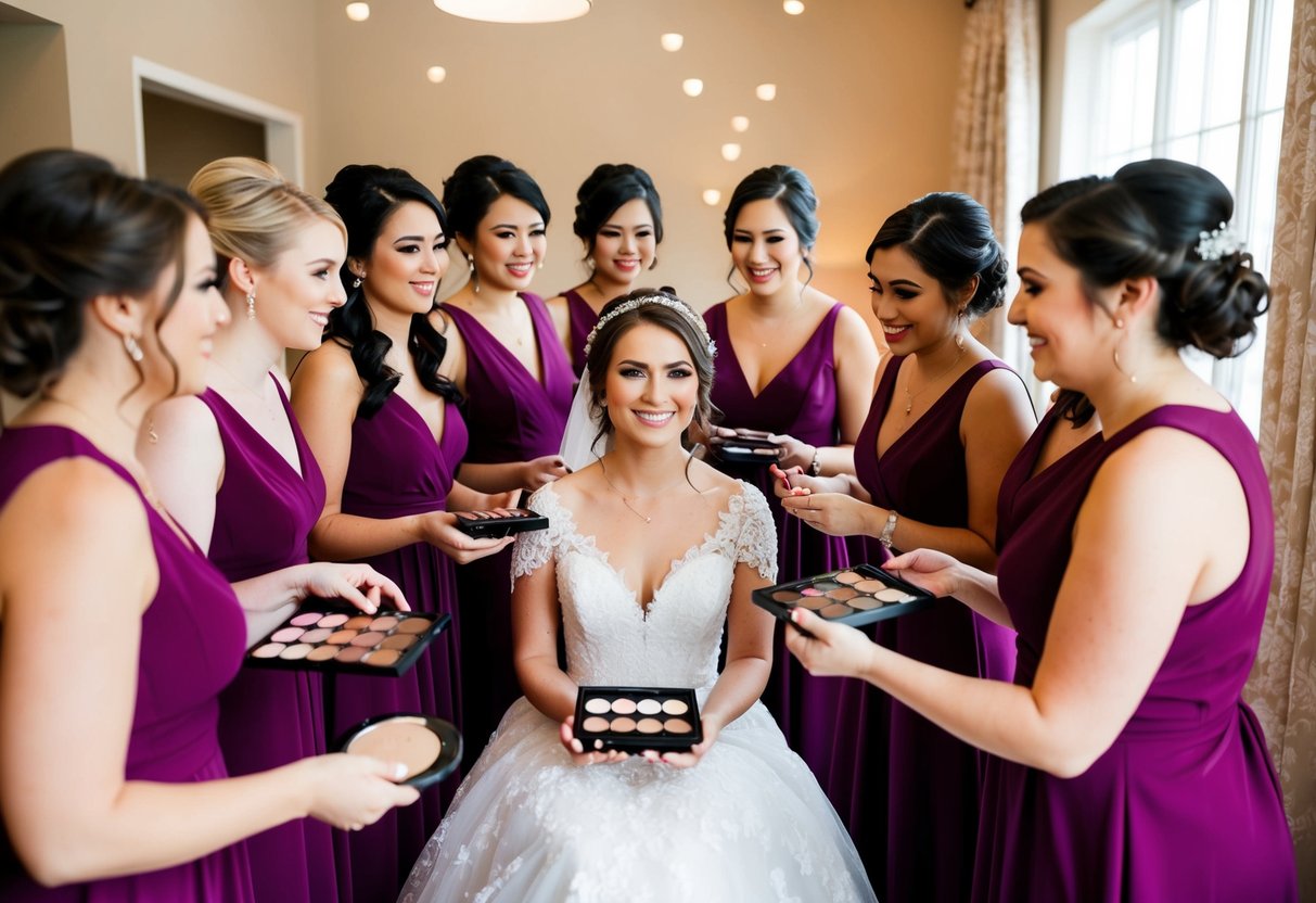 A group of bridesmaids gather around the bride, holding makeup palettes and styling tools, preparing to help with her hair and makeup