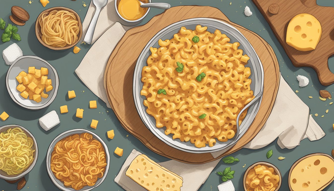 A table with two bowls of mac and cheese, one labeled "Kraft" and the other "Annie's," surrounded by scattered ingredients like cheese and pasta