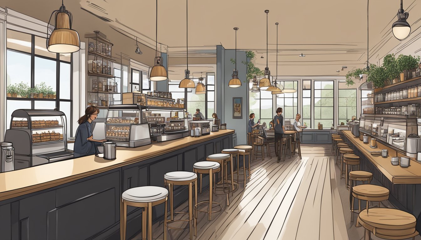 A bustling coffee shop with sleek, modern decor and a wide array of premium coffee products on display, contrasting with a cozy, casual cafe with a focus on classic, comforting options