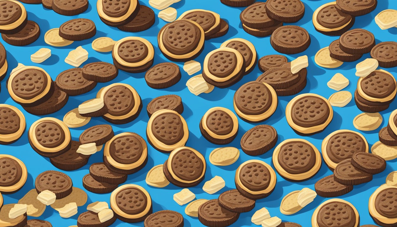 A table with Oreos and Chips Ahoy cookies arranged in neat rows, surrounded by price tags and labels indicating availability