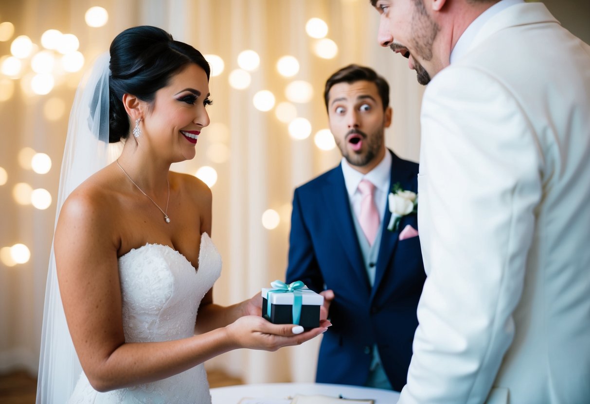 A bride places a small box on a table, while the groom looks on with a surprised expression