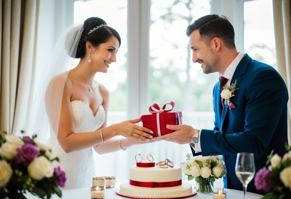 A bride presents a gift to a groom, surrounded by symbols of love and marriage, such as rings, flowers, and a wedding cake