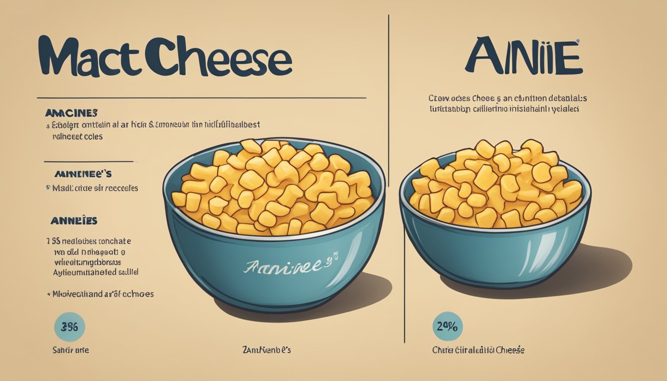 A table with two bowls of mac and cheese, one labeled "Kraft" and the other "Annie's." Beside each bowl, there are labels with their respective nutritional values