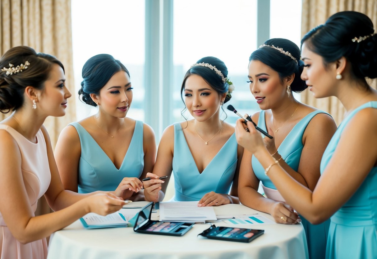 A group of bridesmaids discussing financial planning while one bridesmaid applies makeup to another's face