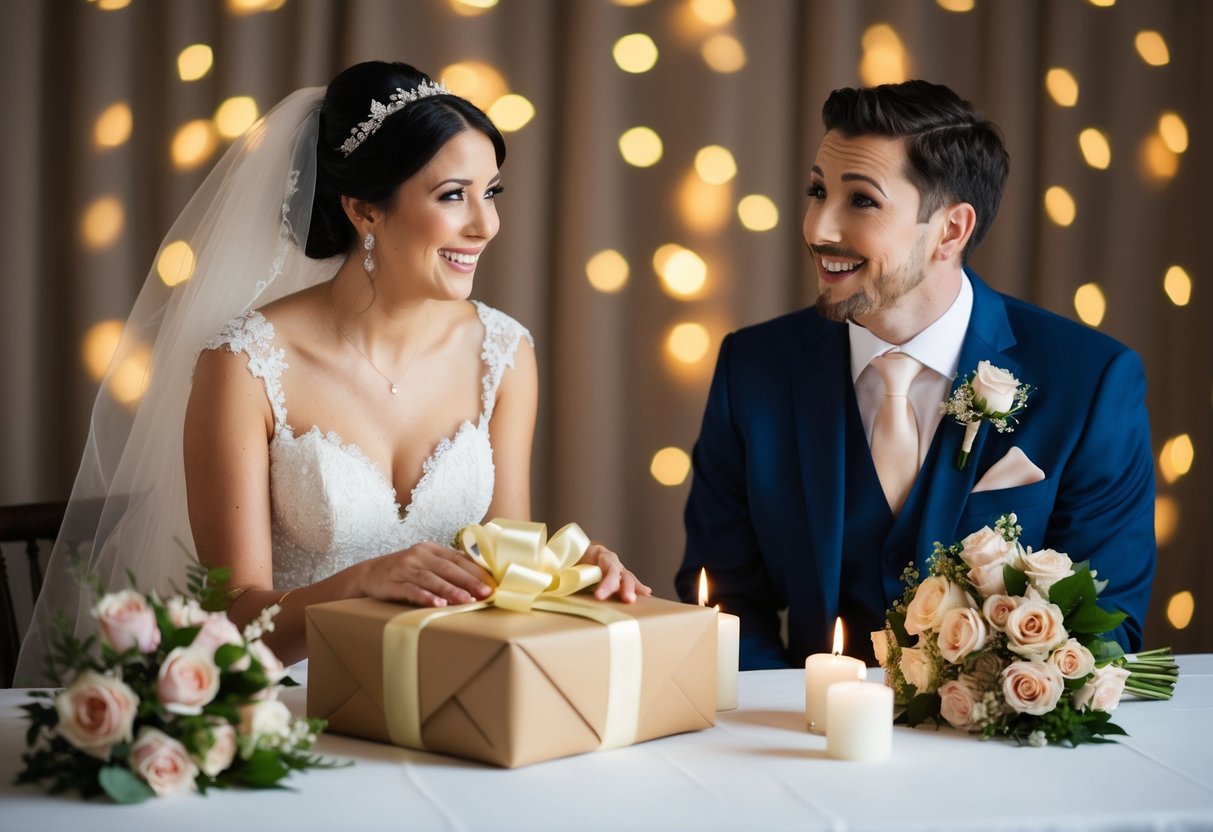 A bride presents a carefully wrapped gift to her groom, who looks on with a surprised and grateful expression. Flowers and candles adorn the scene