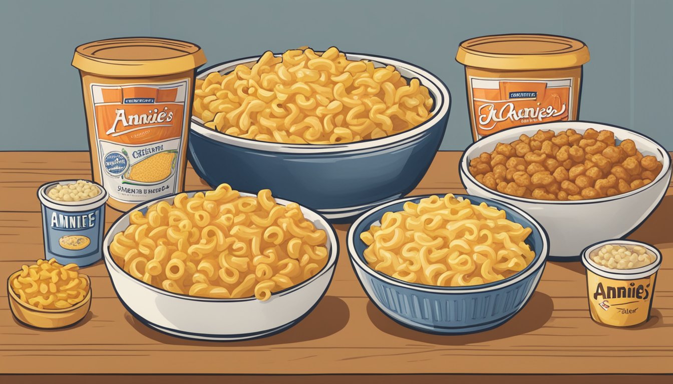 A table with two bowls of mac and cheese, one labeled "Kraft" and the other "Annie's," surrounded by boxes of both brands