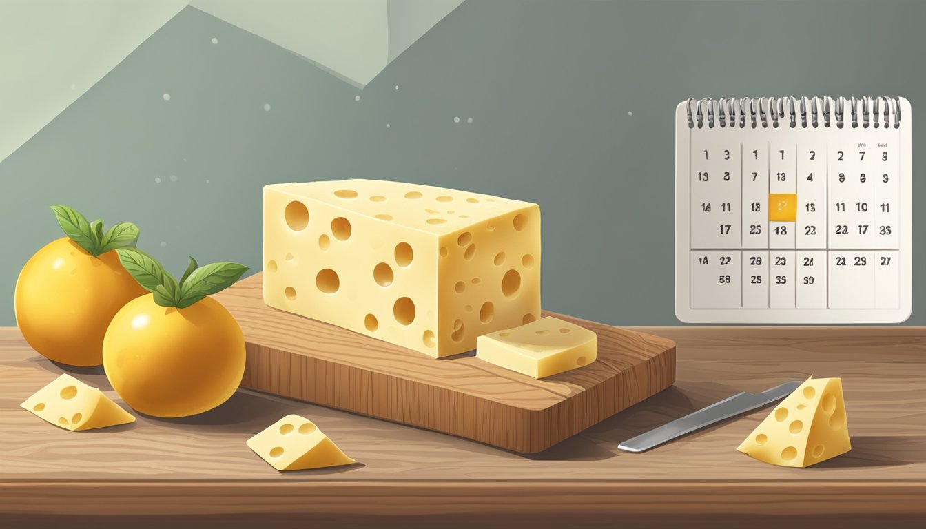 A block of Swiss cheese sits on a wooden cutting board, surrounded by a few slices. A calendar hangs on the wall, with the current date circled