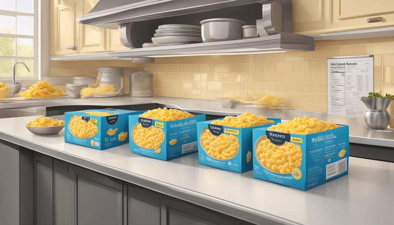 Two boxes of macaroni and cheese sit side by side on a kitchen counter, with price tags and nutritional information visible