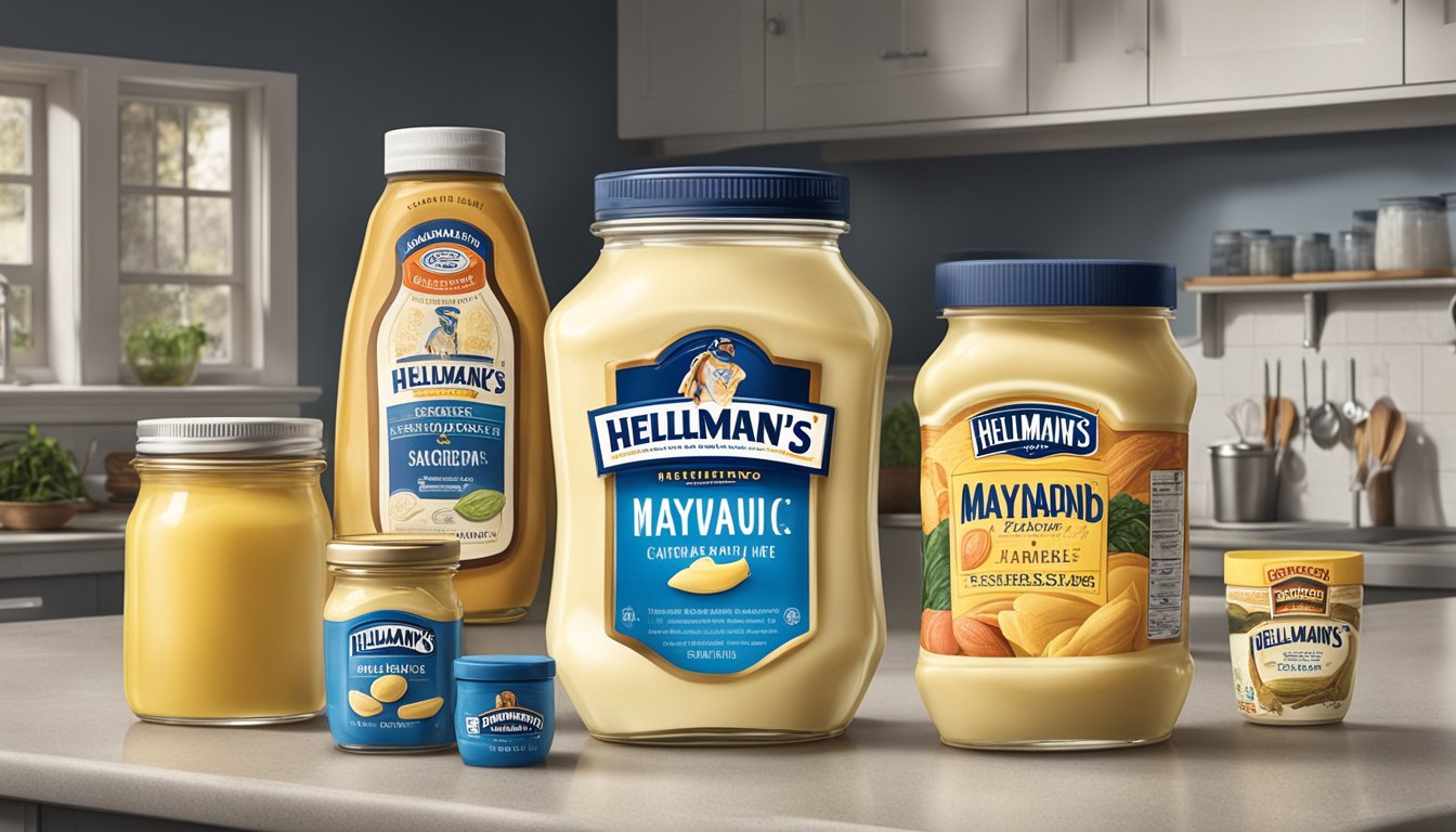 A jar of Hellmann's and Kraft mayonnaise sitting side by side on a kitchen counter, surrounded by vintage advertisements and images of the evolution of the condiment