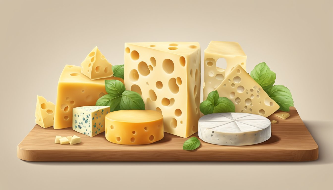 A block of Swiss cheese sits on a wooden cutting board, surrounded by a variety of other cheeses. The cheese is partially covered by a transparent wrap