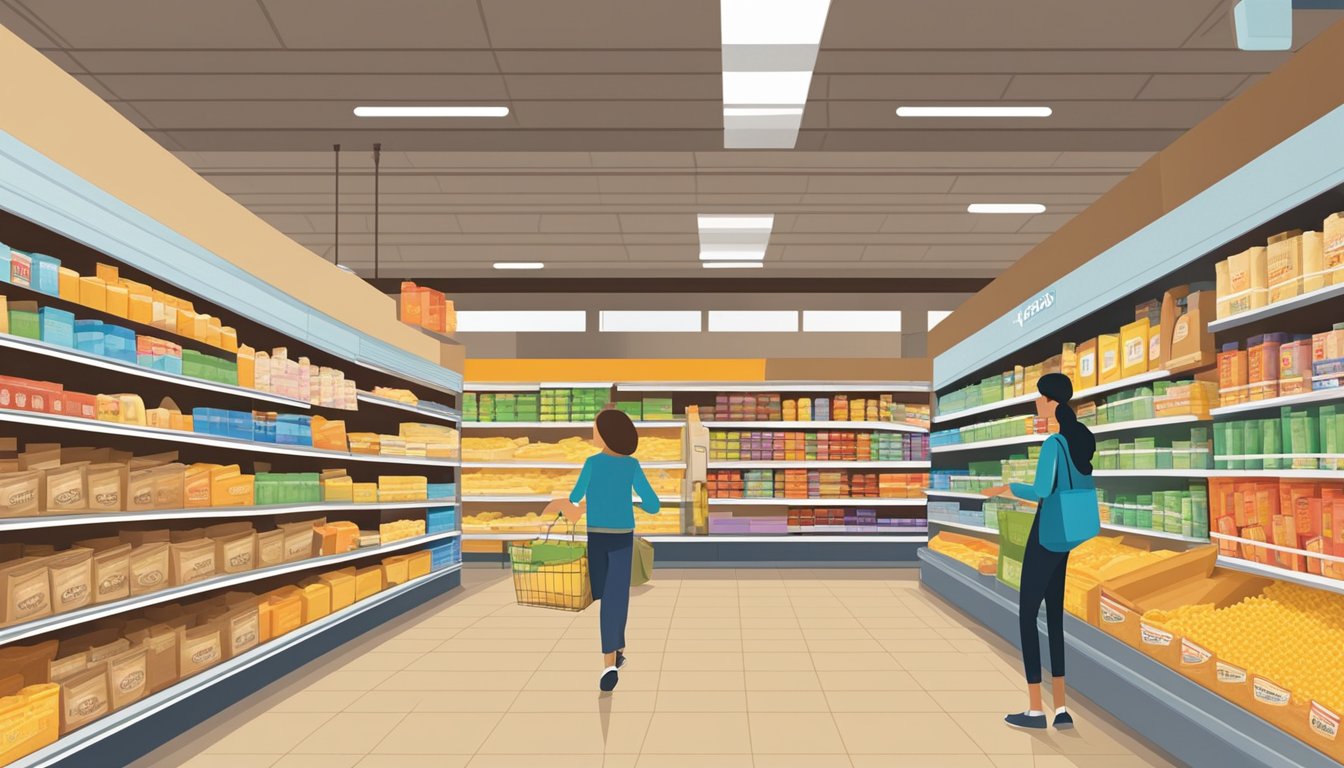 A bustling grocery store aisle with colorful boxes of Kraft mac and cheese on one side and Annie's on the other, with shoppers comparing and choosing between the two brands