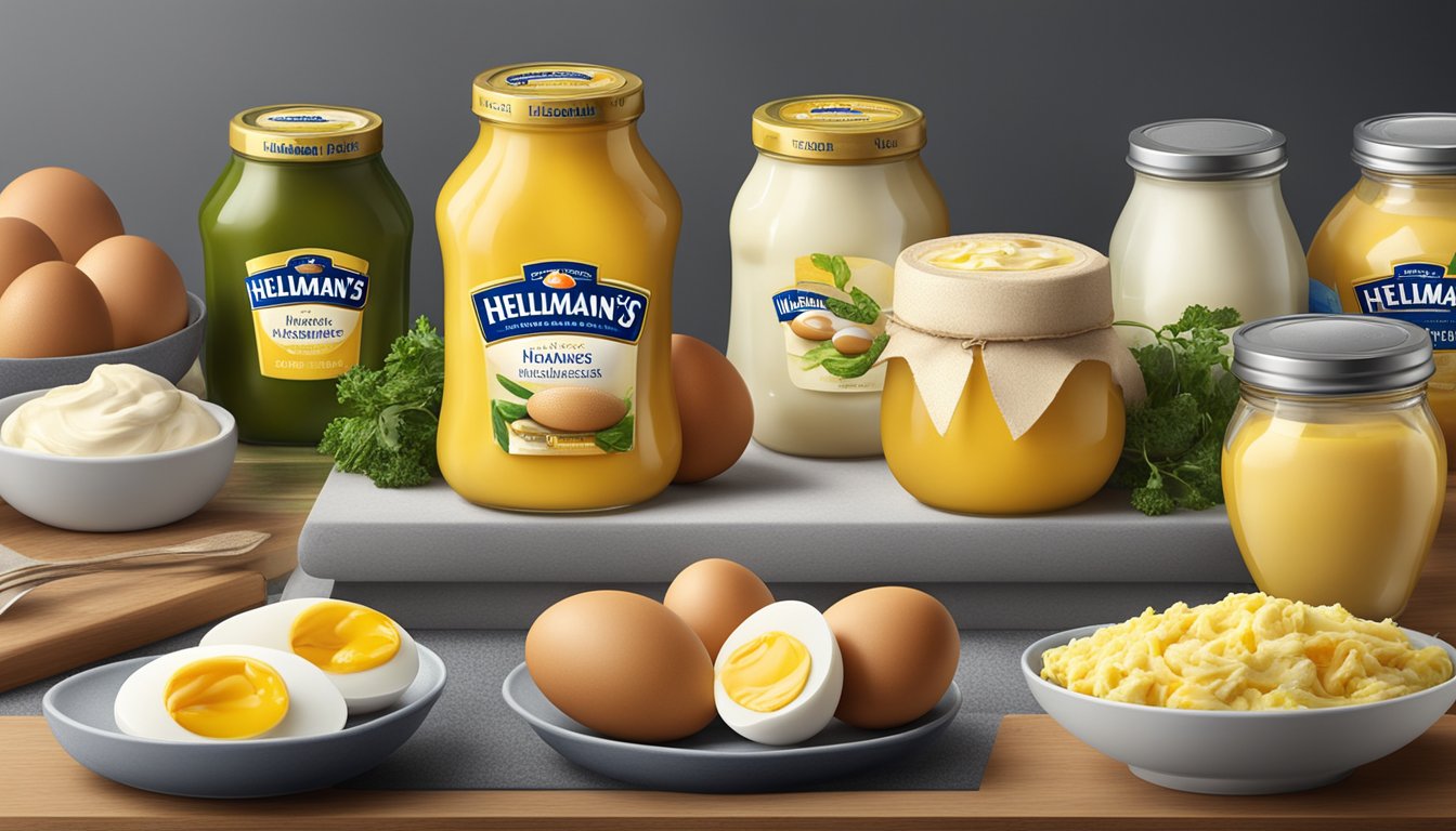 A table with jars of Hellmann's and Kraft mayonnaise surrounded by fresh ingredients like eggs, oil, and vinegar. Quality labels are visible on the jars