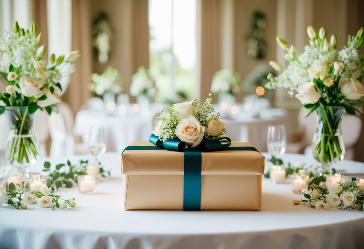 A beautifully wrapped gift sits on a table, surrounded by delicate flowers and elegant decor, waiting to be presented at the wedding