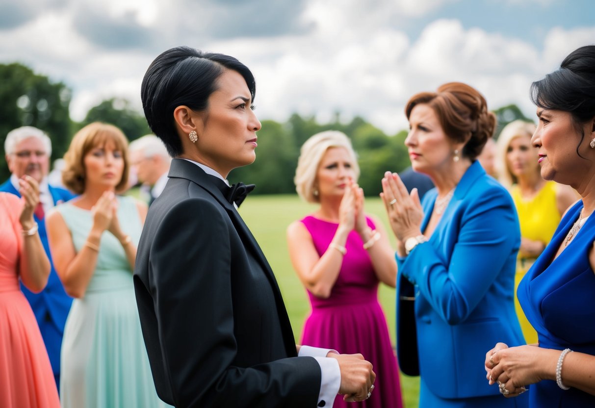 A wedding guest wearing a black outfit, surrounded by disapproving glances from other guests in colorful attire