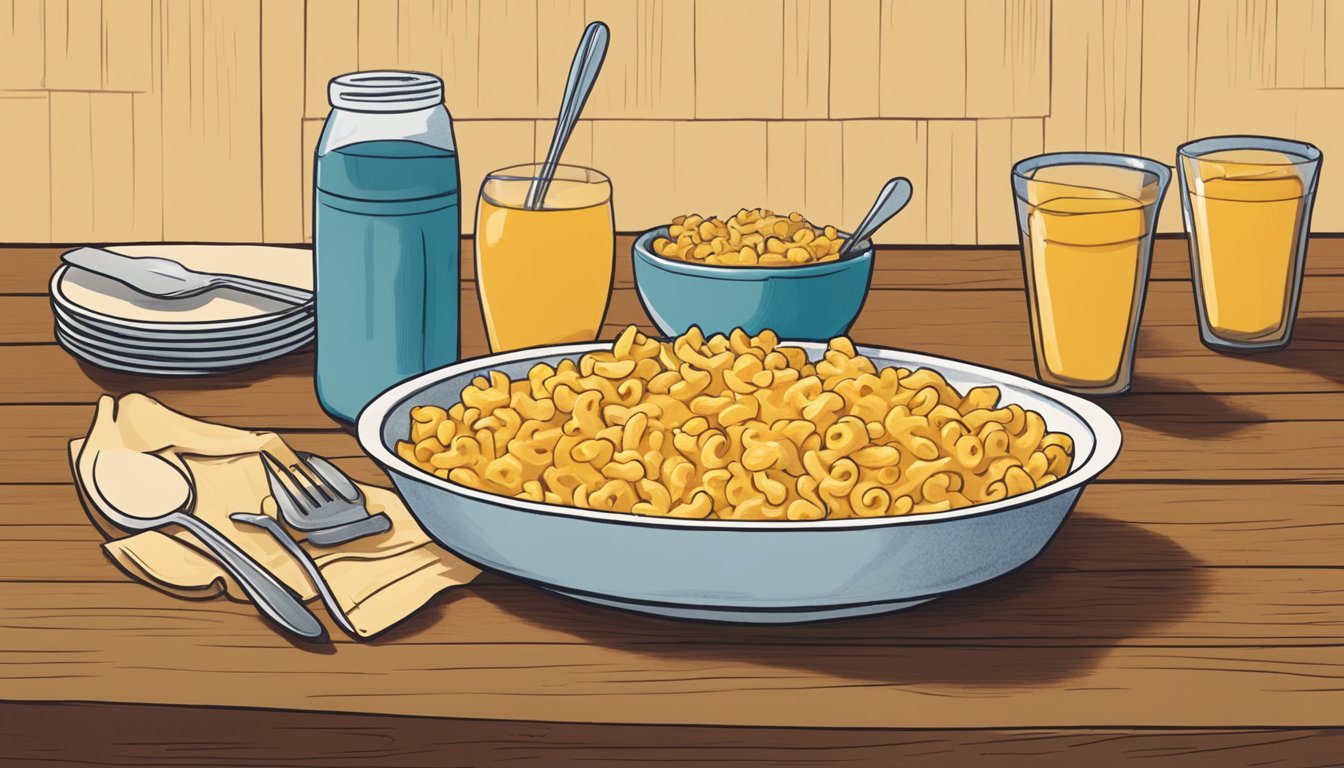 A steaming bowl of Kraft mac and cheese sits next to a serving of Annie's, surrounded by empty plates and utensils on a wooden table