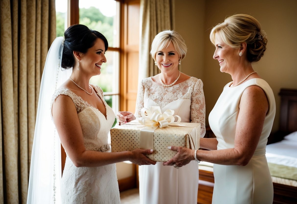 A mother of the bride presents a beautifully wrapped wedding gift to the newly married couple