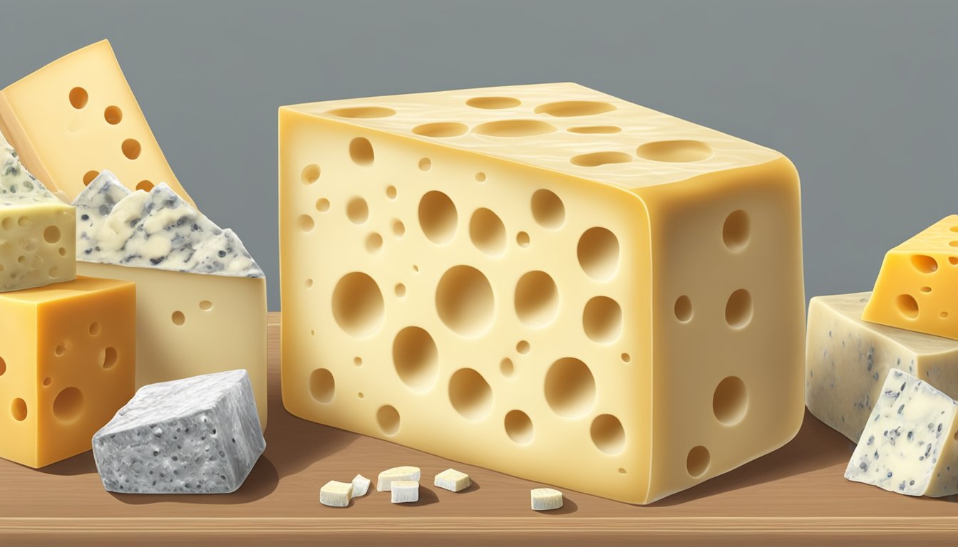 A block of Swiss cheese sits on a shelf, surrounded by a variety of other cheeses. The cheese has a few small holes and is wrapped in clear plastic packaging