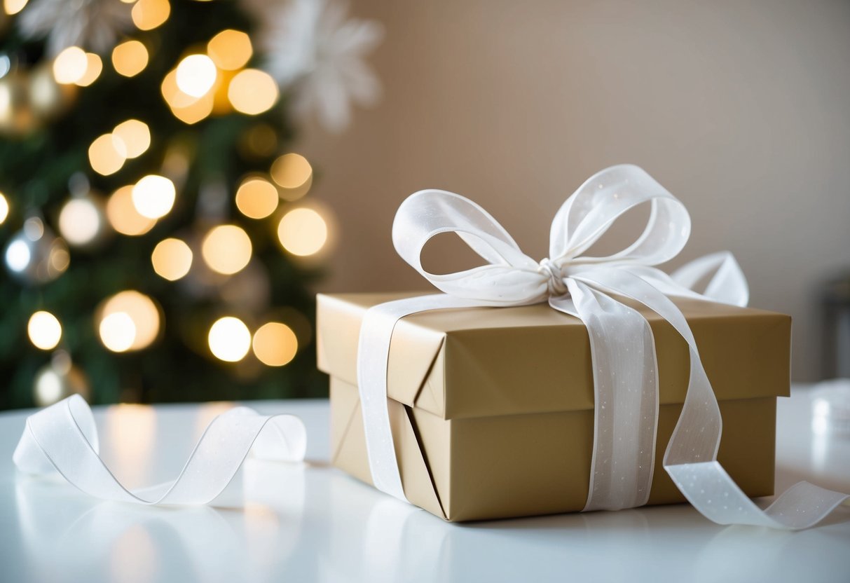 A beautifully wrapped gift box sits on a table, adorned with delicate ribbons and bows