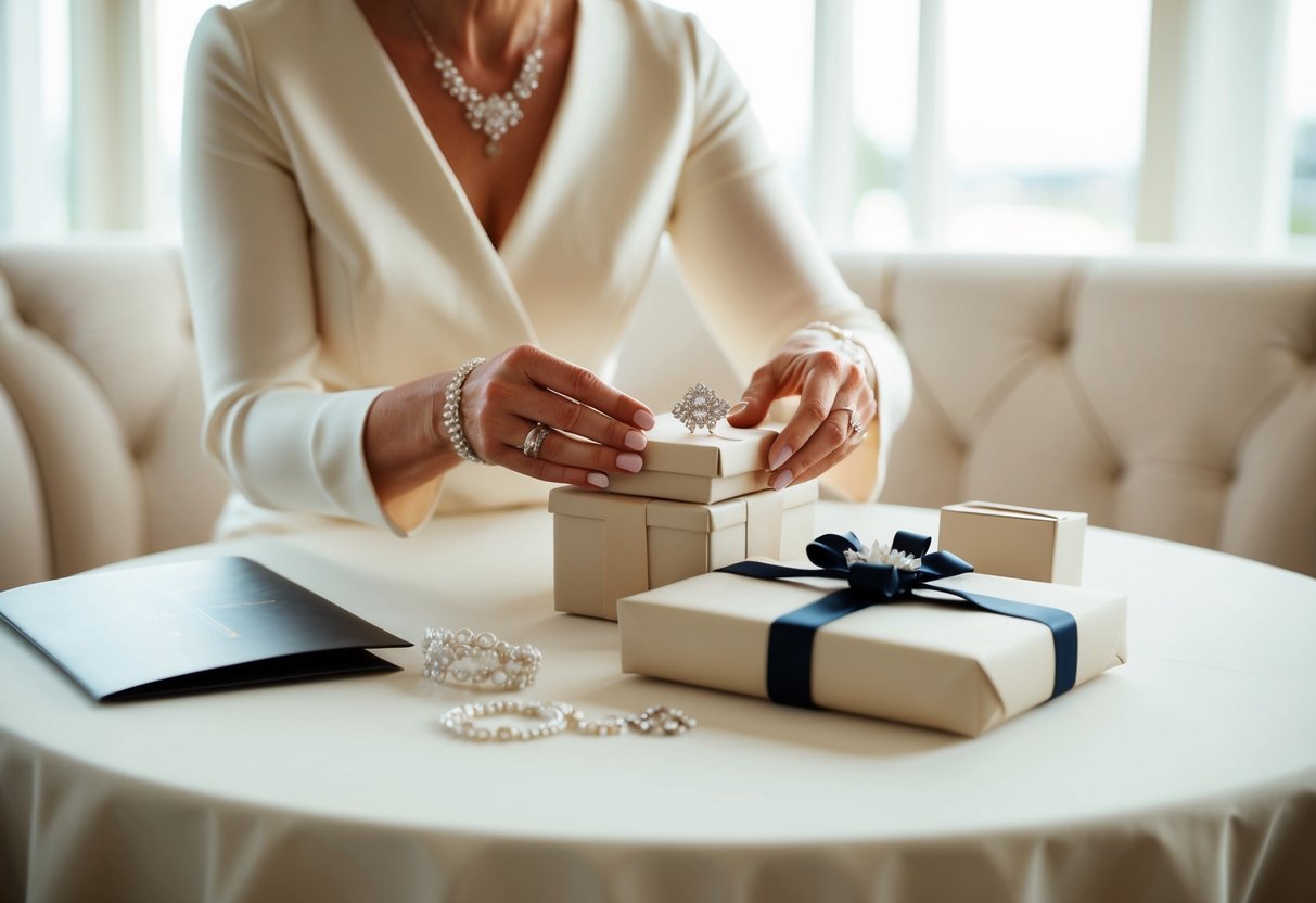 A mother of the bride carefully selects a delicate piece of jewelry or a cherished family heirloom to present as a wedding gift, wrapped in elegant packaging