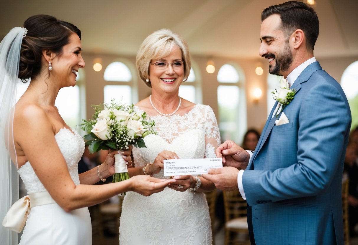 The mother of the bride presents a check to the newlyweds as a wedding gift