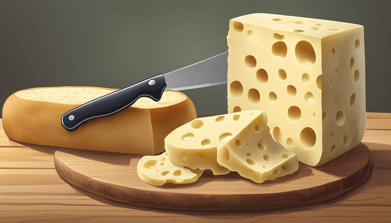 A block of Swiss cheese sits on a wooden cutting board next to a knife and a slice of bread