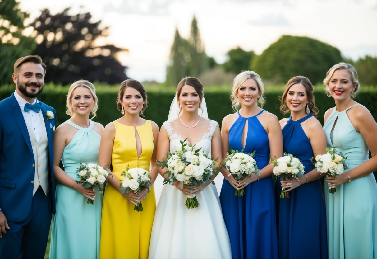 A group of wedding guests wearing various colors, with one person wearing the taboo color for the evening