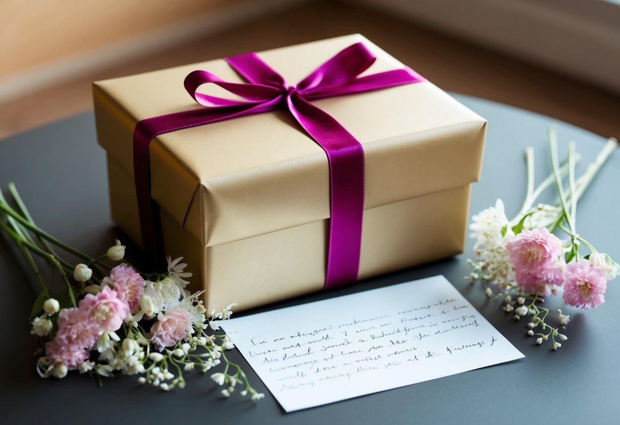 A beautifully wrapped gift box sits on a table, surrounded by delicate flowers and a handwritten note