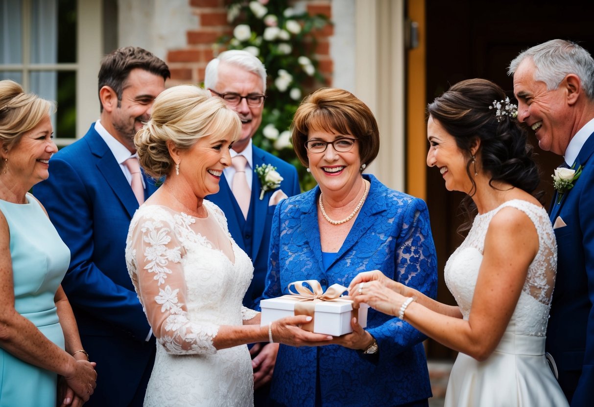 The mother of the bride presents a thoughtful wedding gift to the daughter-in-law, while the groom's parents look on with warm smiles