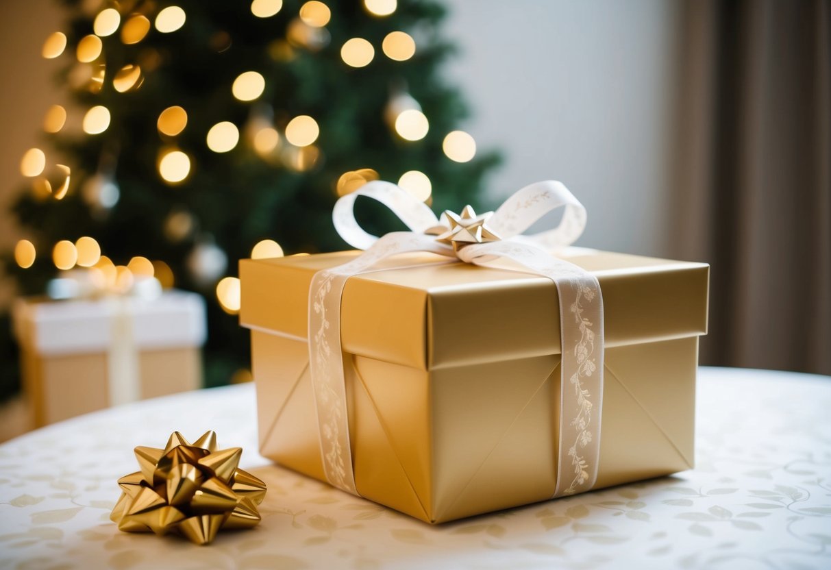 A beautifully wrapped gift box sits on a table, adorned with delicate ribbon and a small card
