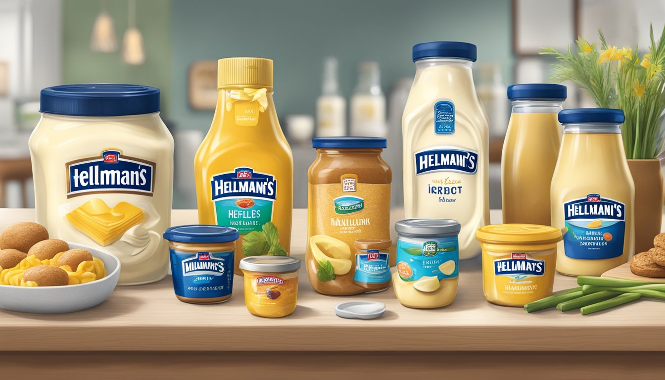 A table with jars of Hellmann's and Kraft mayonnaise, accompanied by various food items for taste testing