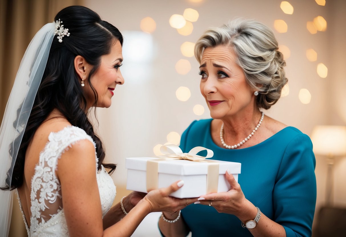 A mother gently presents a sentimental gift to her daughter, the bride, with tears in her eyes