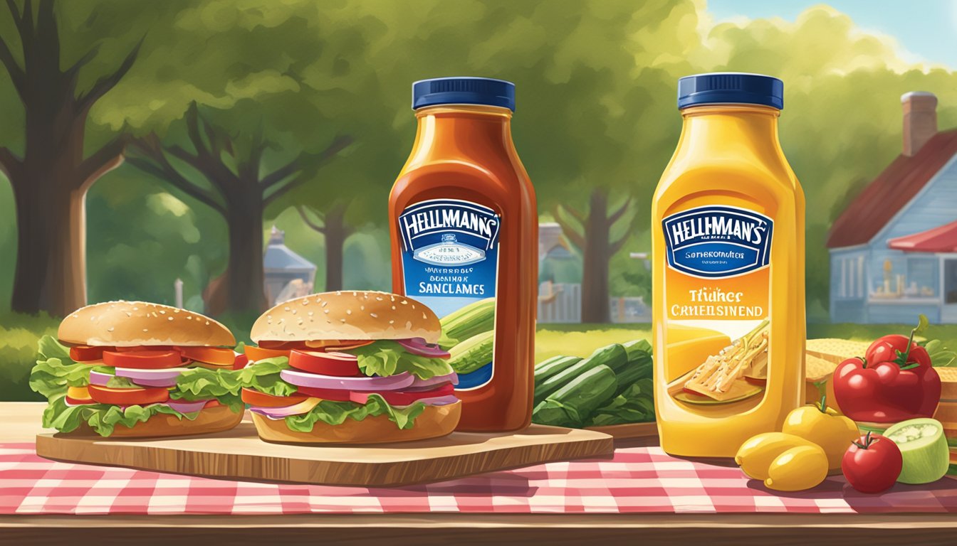 Two iconic condiment bottles stand side by side on a picnic table, surrounded by fresh produce and a variety of sandwiches. The sun shines down, highlighting the bright labels of Hellmann's and Kraft