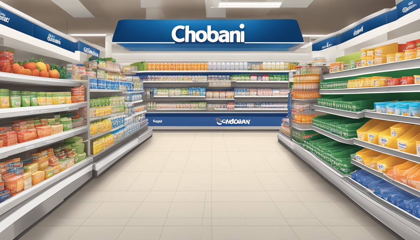 A bustling grocery store aisle with Chobani and Fage yogurt displays, showcasing their respective logos and packaging