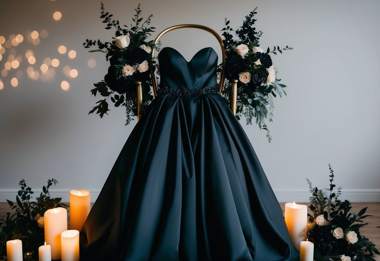 A black wedding dress draped over a chair, surrounded by dark floral arrangements and candles