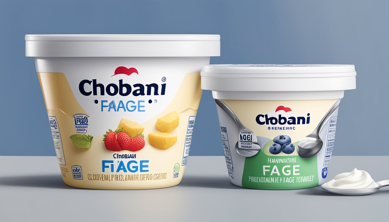 Two yogurt containers side by side, one labeled Chobani and the other Fage. A spoon rests on a napkin next to them