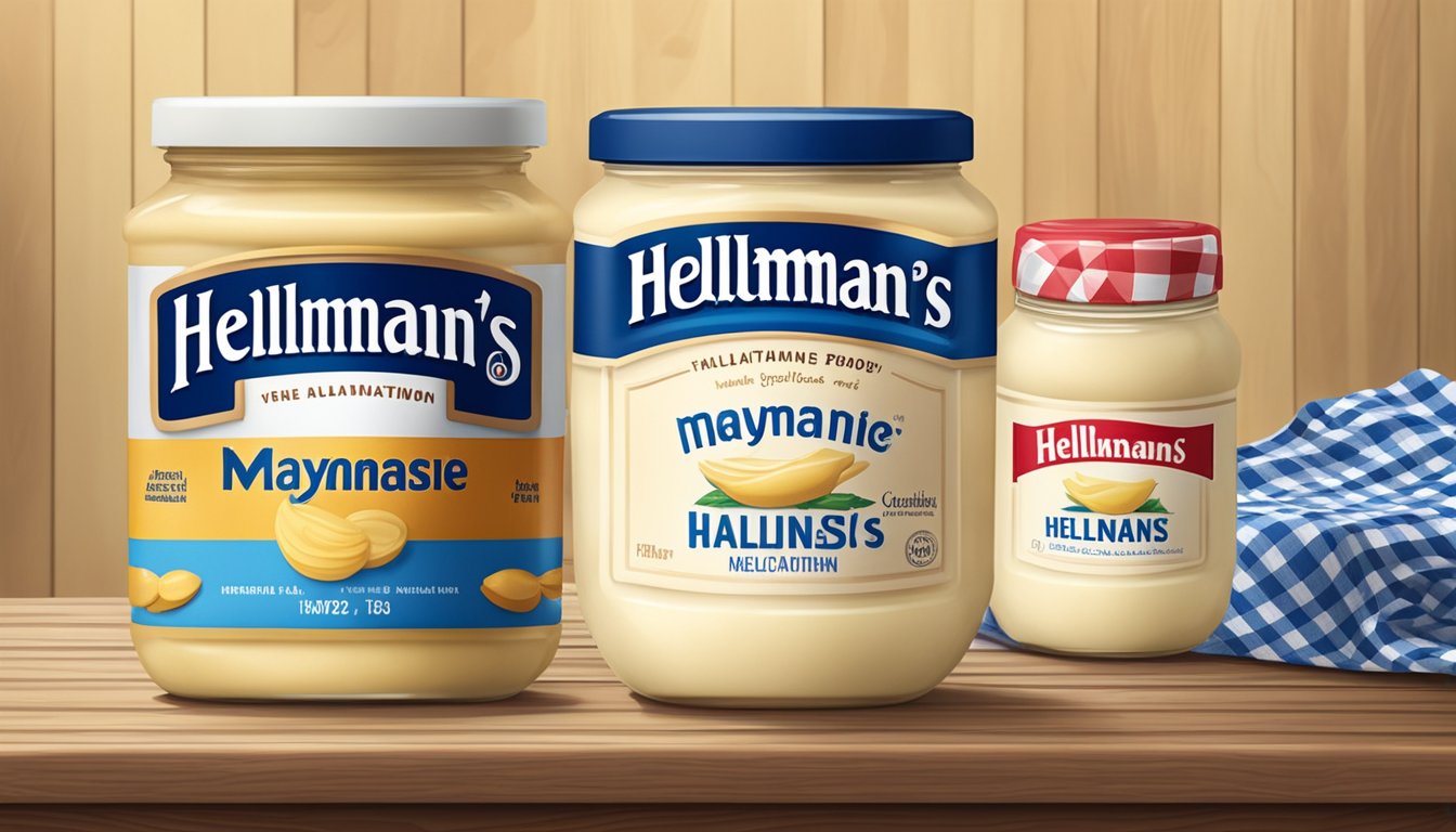 Two jars of mayonnaise, one labeled Hellmann's and the other Kraft, sit side by side on a wooden table with a checkered tablecloth